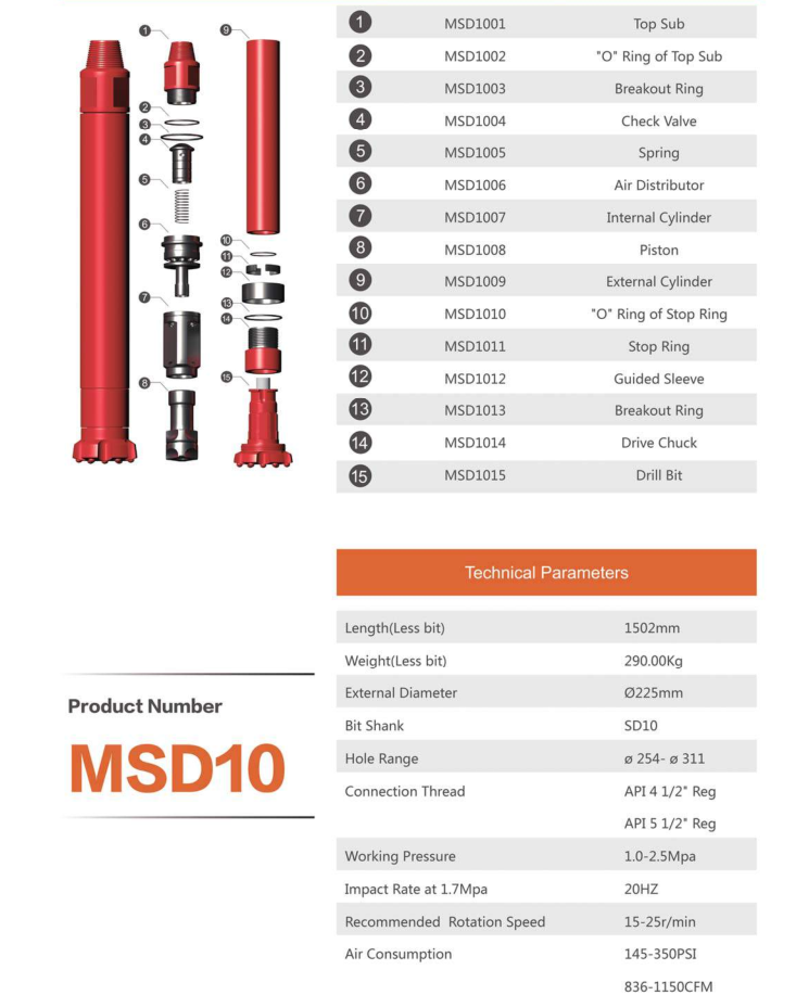 DTH Hammer 10 Inches by Maxdrill for Bit Shank SD10 Down the Hole Hammer for Surface Drilling, Water Well Drilling MSD10