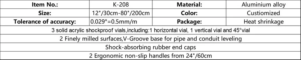 Specification of Aluminium Level Industrial Spirit Levels