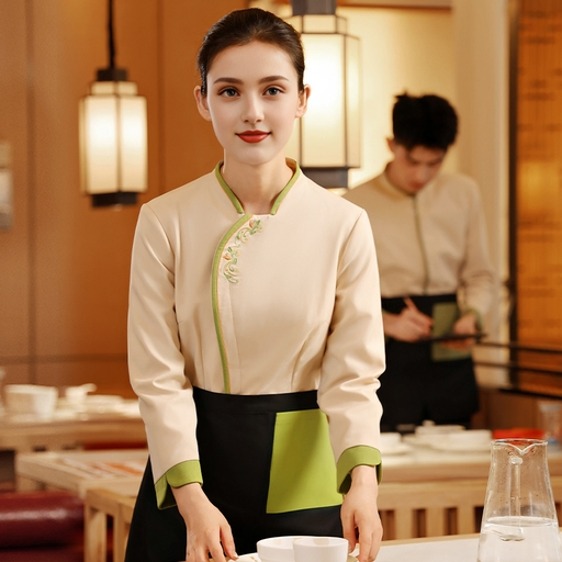 Premium Beige Green Contrast Waiter Waitress Uniform Custom Logo All Day Comfort Hotel Staff Garment