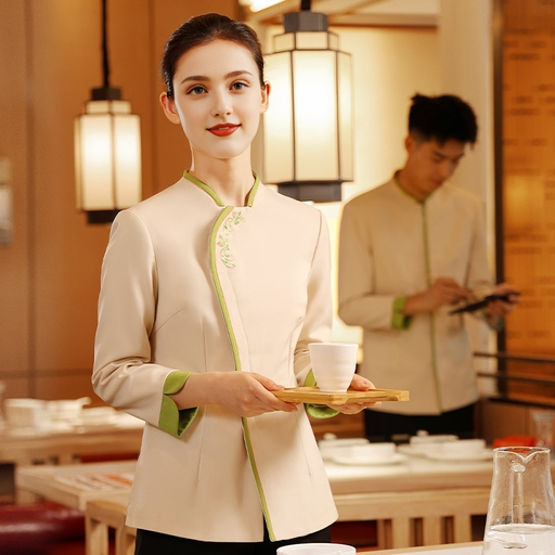 Premium Beige Green Contrast Waiter Waitress Uniform Custom Logo All Day Comfort Hotel Staff Garment