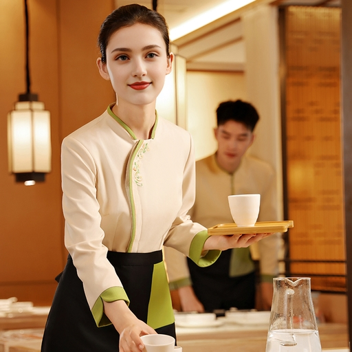 Premium Beige Green Contrast Waiter Waitress Uniform Custom Logo All Day Comfort Hotel Staff Garment
