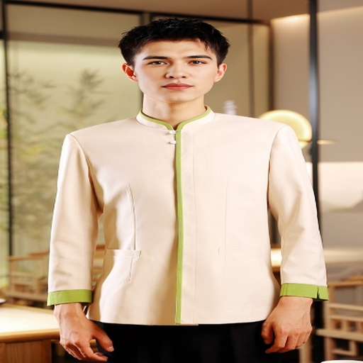 Premium Beige Green Contrast Waiter Waitress Uniform Custom Logo All Day Comfort Hotel Staff Garment