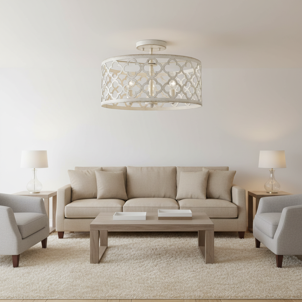 3-Light Middle Semi Flush Mount Ceiling Light Distressed White Metal Cage Fixture Modern Farmhouse for Living Room Hotel
