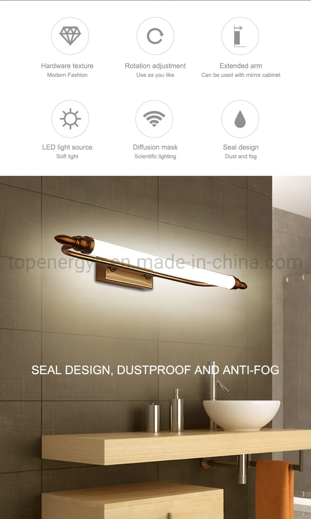 LED Mirror Light 9W AC90-260V 55cm Wall Mounted Industrial Wall Lamp Bathroom Light IP65 Waterproof Acrylic Metal