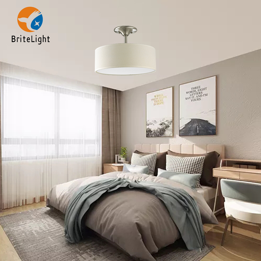ETL Listed Modern Semi Flush Surface Mounted Cream Fabric Ceiling Pendant Round Shadelamp