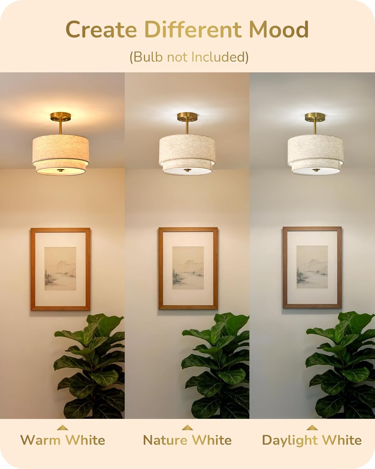 EDISHINE 12.6Inch Semi Flush Mount Huachuang Ceiling Light 3-Light Double Drum Fabric Shade Art Deco Bedroom Hallway Dining Room