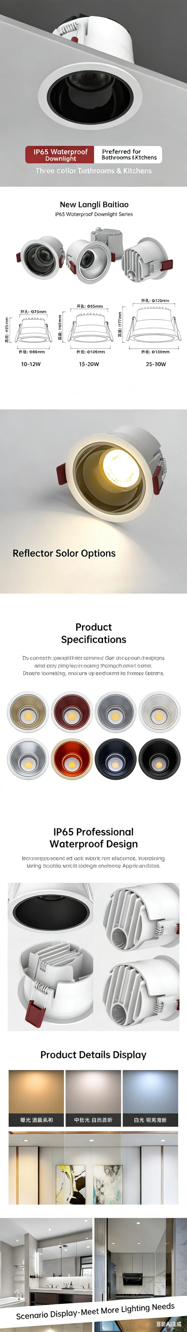 Household Commercial IP65 Waterproof LED Downlight, Dustproof Anti Glare Embedded Ceiling Lamp for Bathroom Kitchen Patio Balcony