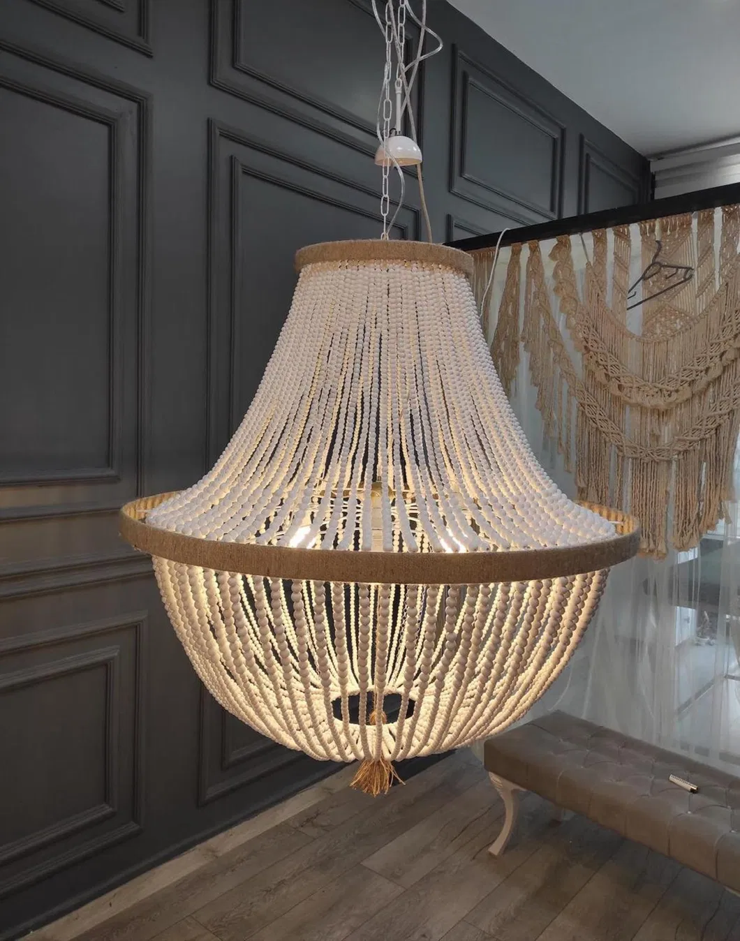 Modern Wood Bead Ceiling Lamp Organic Minimalist Design
