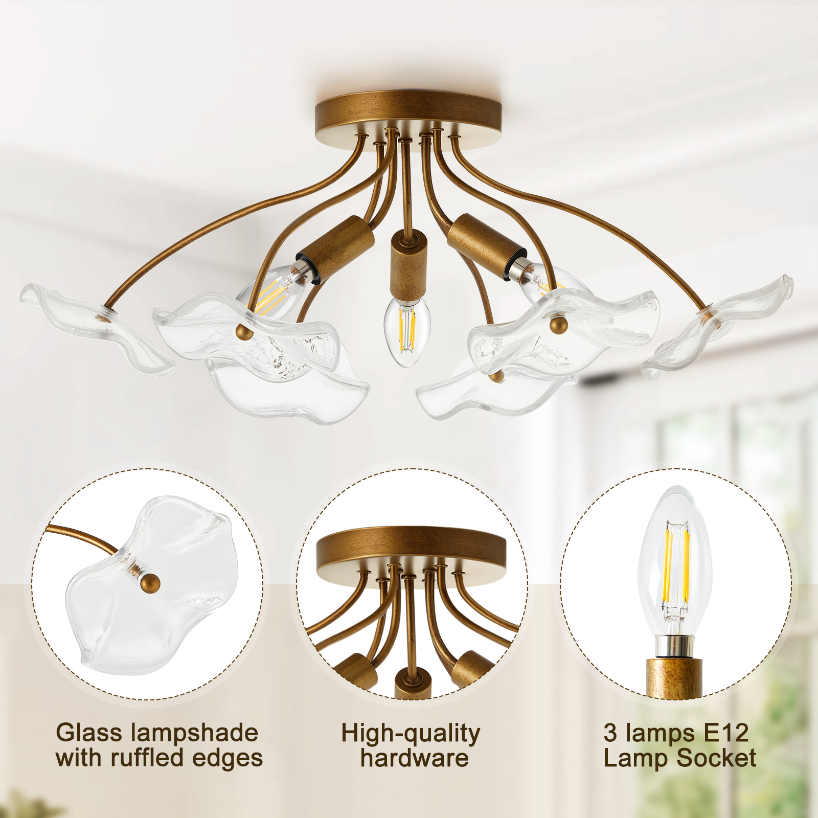 Midcentury Vintage 3-Light Flush Mount Ceiling Light Matte Black LED Fixture with Iron Base for Bedroom &amp; Living E12 Socket