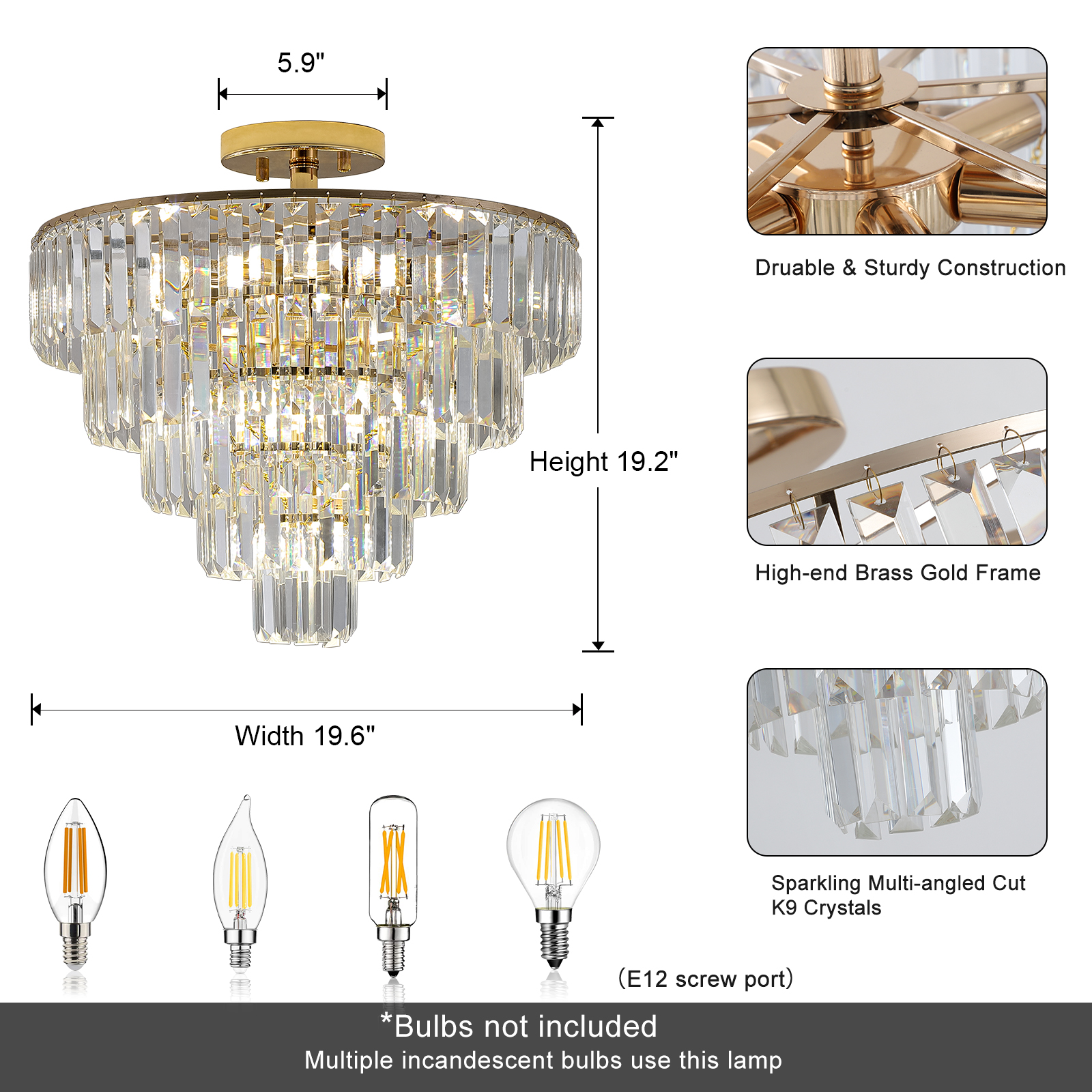 Large Luxury 5 Tier Gold Crystal Semi Flush Mount Ceiling Light Round 5 Tier Chandelier for Living & Dining Room