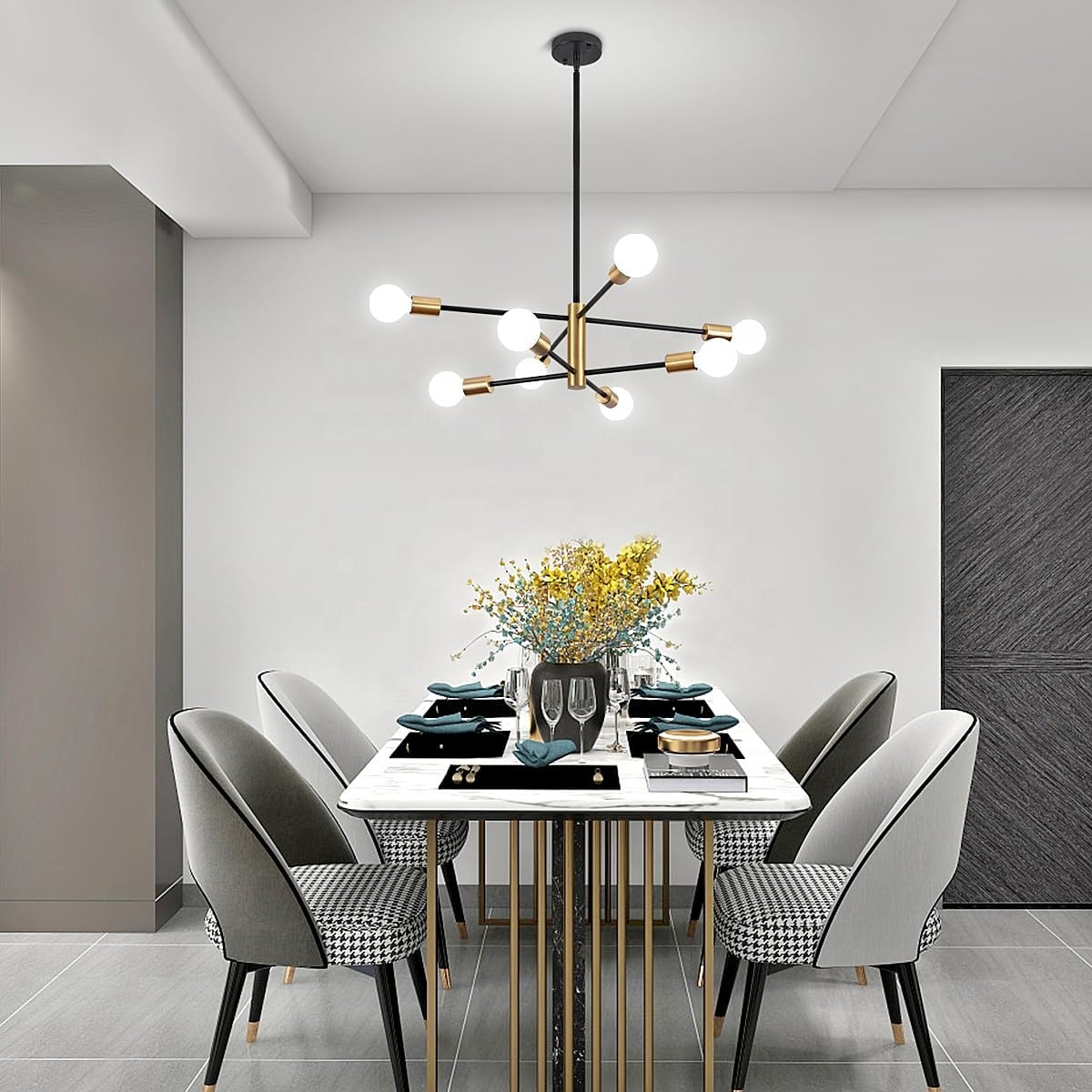 Holohatal Mid Century Modern Sputnik Gold &amp; Black, 8-Light Chandelier Semi Flush Mount Ceiling Light for Dining Room Study