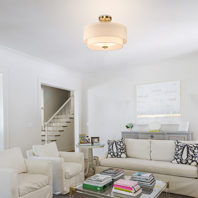 Indoor Dual Layer Fabric Lampshade Brass Semi Flush Mount Ceiling Light Hanging Modern Light Pendant Lamp for Living Room Home