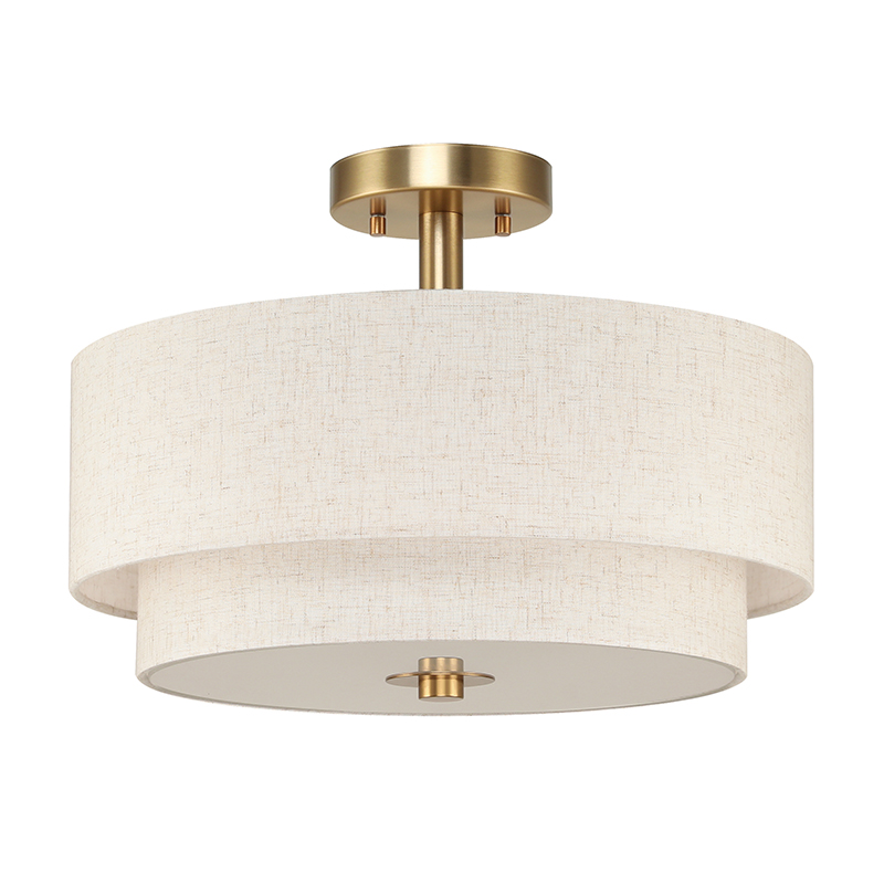 Indoor Dual Layer Fabric Lampshade Brass Semi Flush Mount Ceiling Light Hanging Modern Light Pendant Lamp for Living Room Home