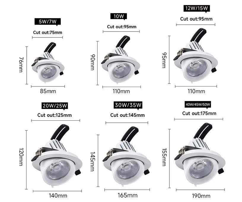 COB LED Gimbal Adjustable Recessed Downlight Warm White 20W 25W 30W 35W Trunk Light for Retail/Shop Aluminum Body with IP44 Rating