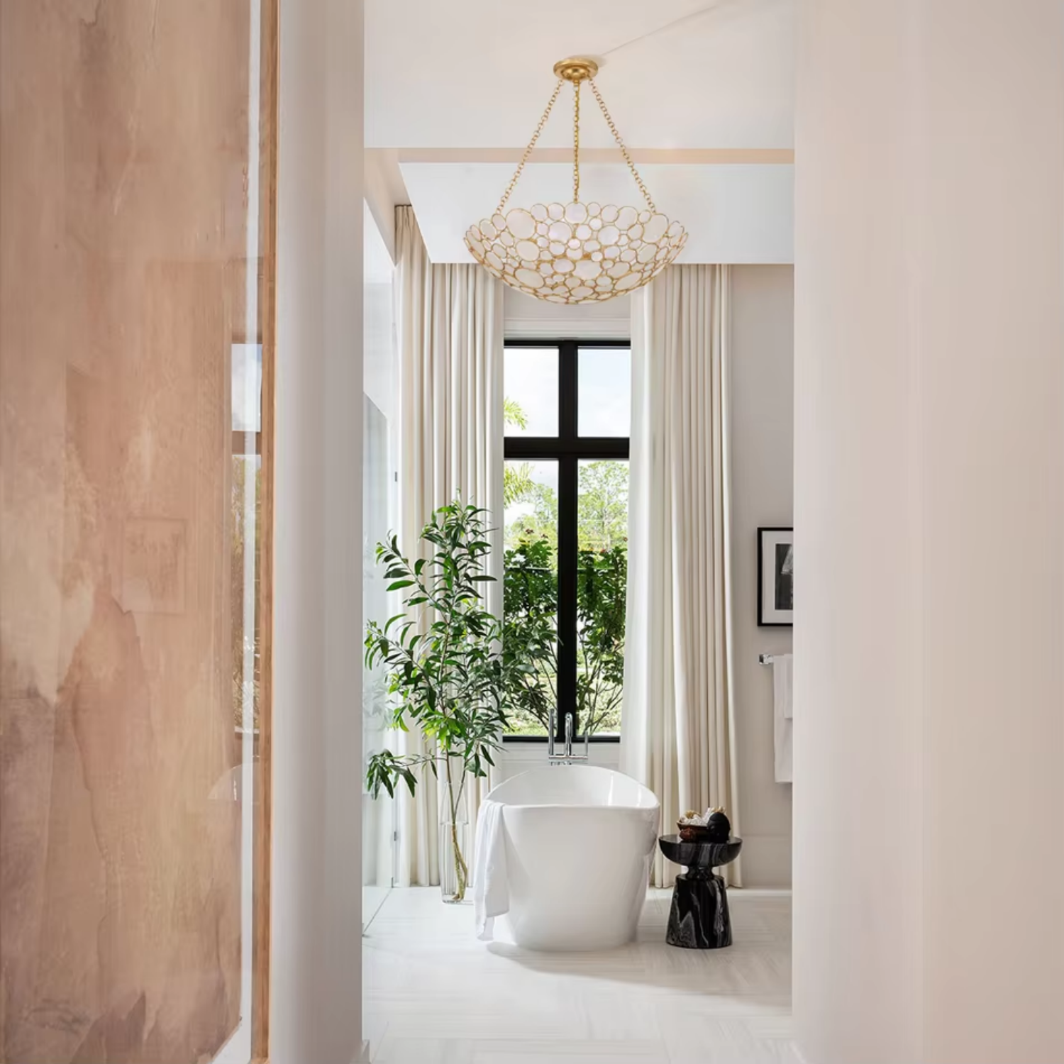 Elegant Bowl Shaped Crystal Bead & Shell home decor luxury Gold Chain Semi-Flush Mount Ceiling Light for Living Room Decor