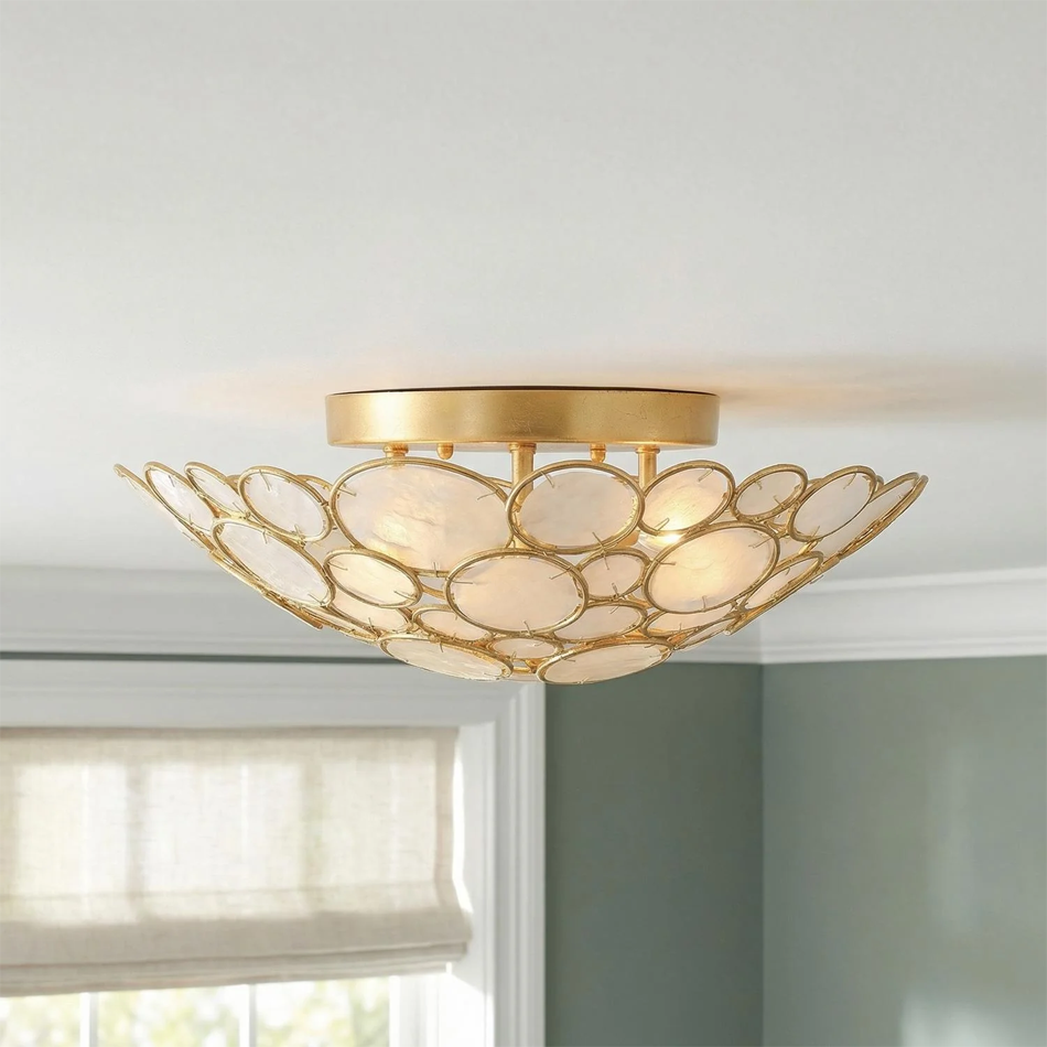 Elegant Bowl Shaped Crystal Bead &amp; Shell home decor luxury Gold Chain Semi-Flush Mount Ceiling Light for Living Room Decor
