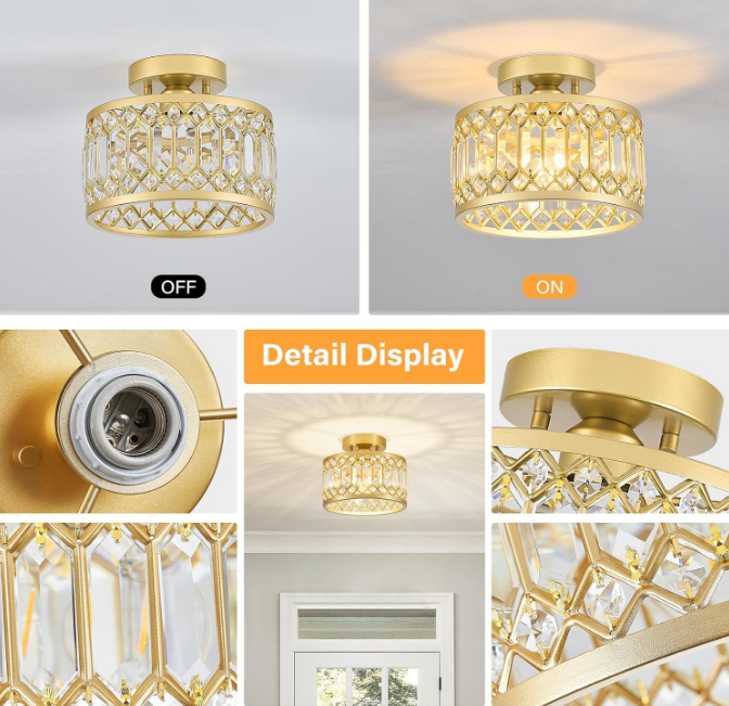Crystal Ceiling Light Modern Round Semi Flush Mount Hallway Ceiling Lighting Fixture for Kitchen Entryway Bedroom