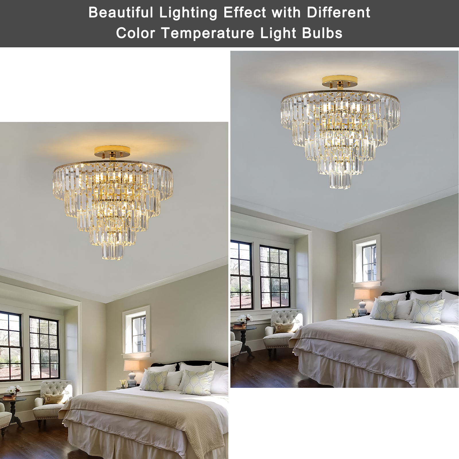 Large Luxury 5 Tier Gold Crystal Semi Flush Mount Ceiling Light Round 5 Tier Chandelier for Living &amp; Dining Room
