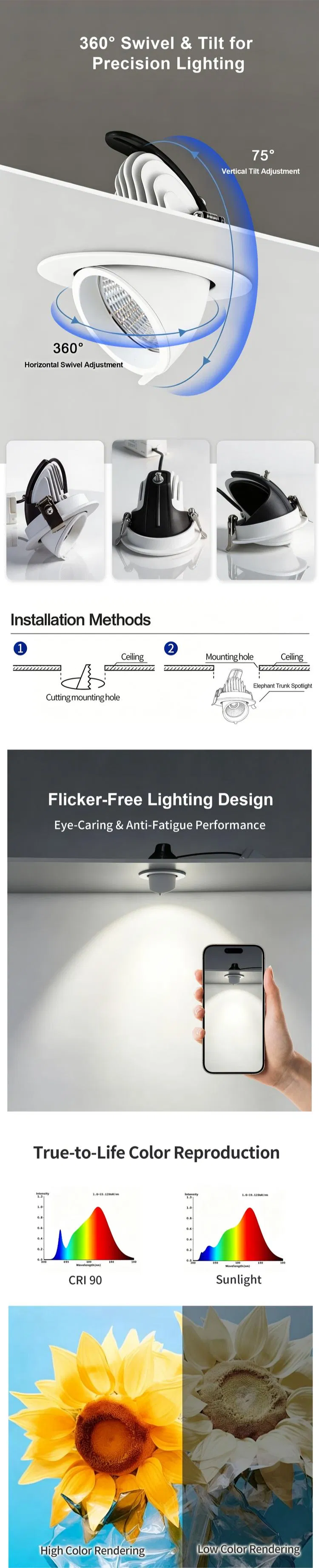 LED Gimbal Downlights Ceiling Recessed Adjustable Angle Anti-Glare Spotlights