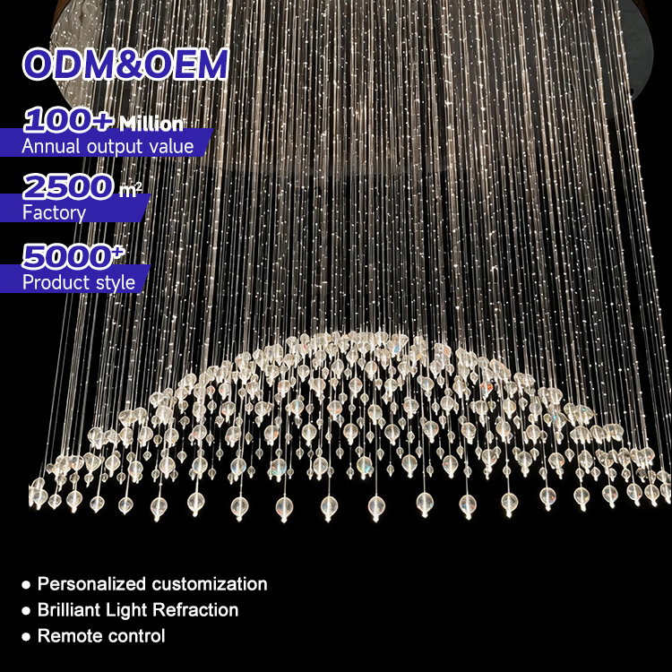 Project Custom Luxury Atmospheric RGB Remote App Control PMMA Fiber Optic Crystal Ceiling Hotel Bar Pendant Light LED Chandelier