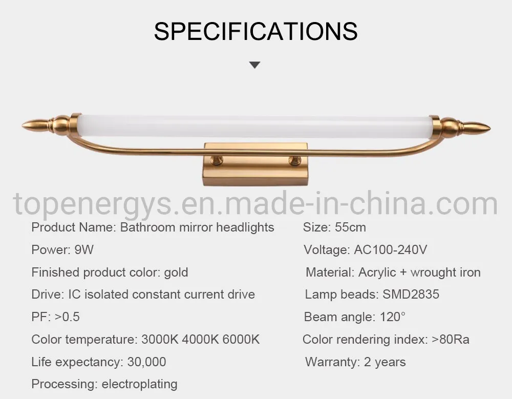 LED Mirror Light 9W AC90-260V 55cm Wall Mounted Industrial Wall Lamp Bathroom Light IP65 Waterproof Acrylic Metal
