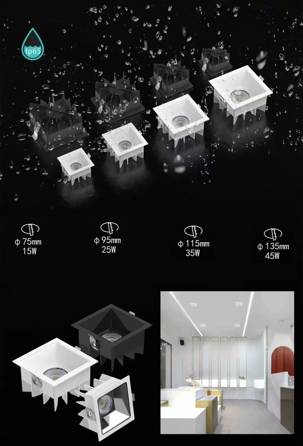 IP65 Waterproof Recessed Square LED Downlight Details