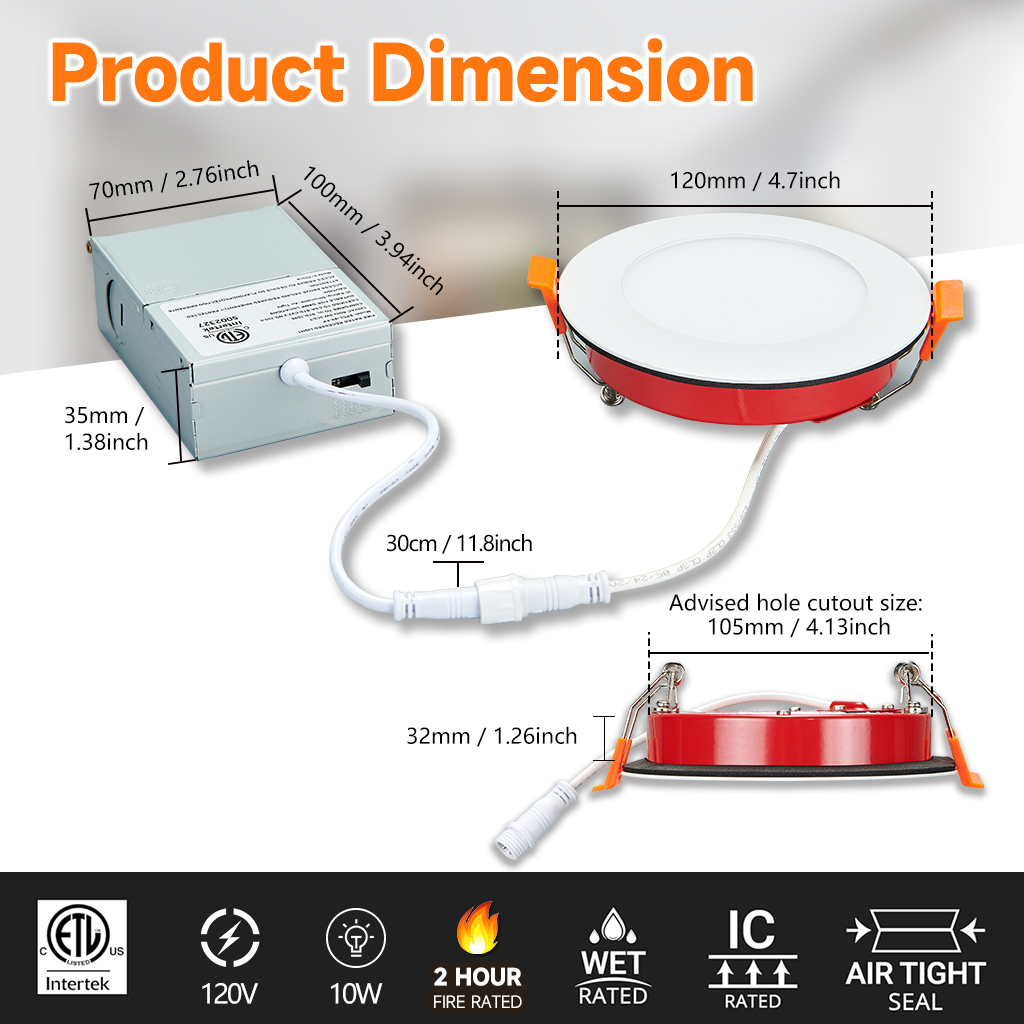 4"/6" Fire Rated LED Recessed Light 2-Hour Fire Rated 5CCT Slim Panel ETL &amp; Energy Star Wet Location Downlight 9W/12W