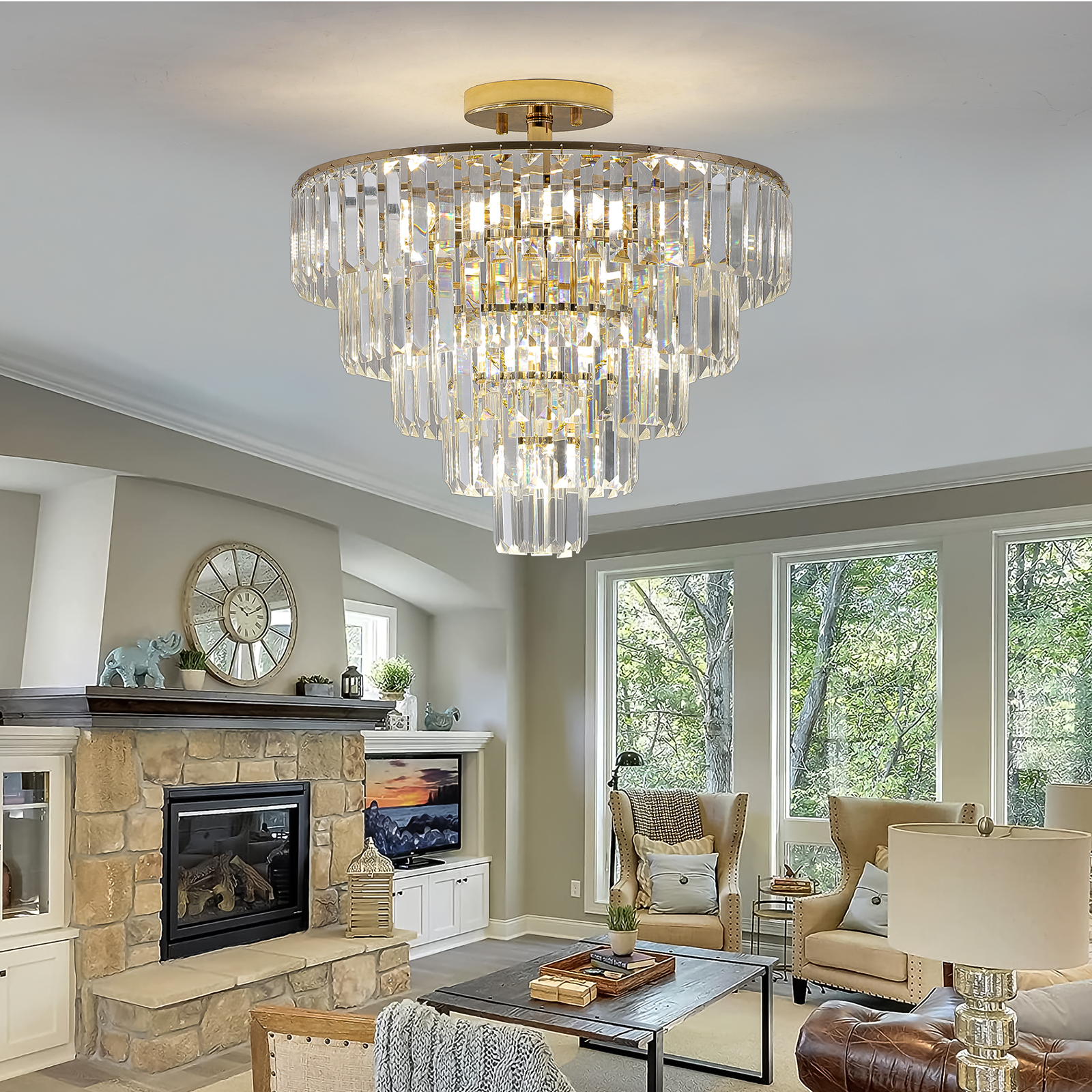 Large Luxury 5 Tier Gold Crystal Semi Flush Mount Ceiling Light Round 5 Tier Chandelier for Living &amp; Dining Room