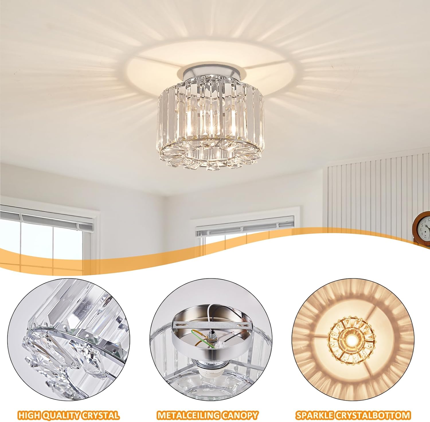 Modern Elegant Gold Crystal Chandelier Semi Flush Mount Ceiling Light for Hall Kitchen Bedroom Living Room Home-Middle Size Lamp