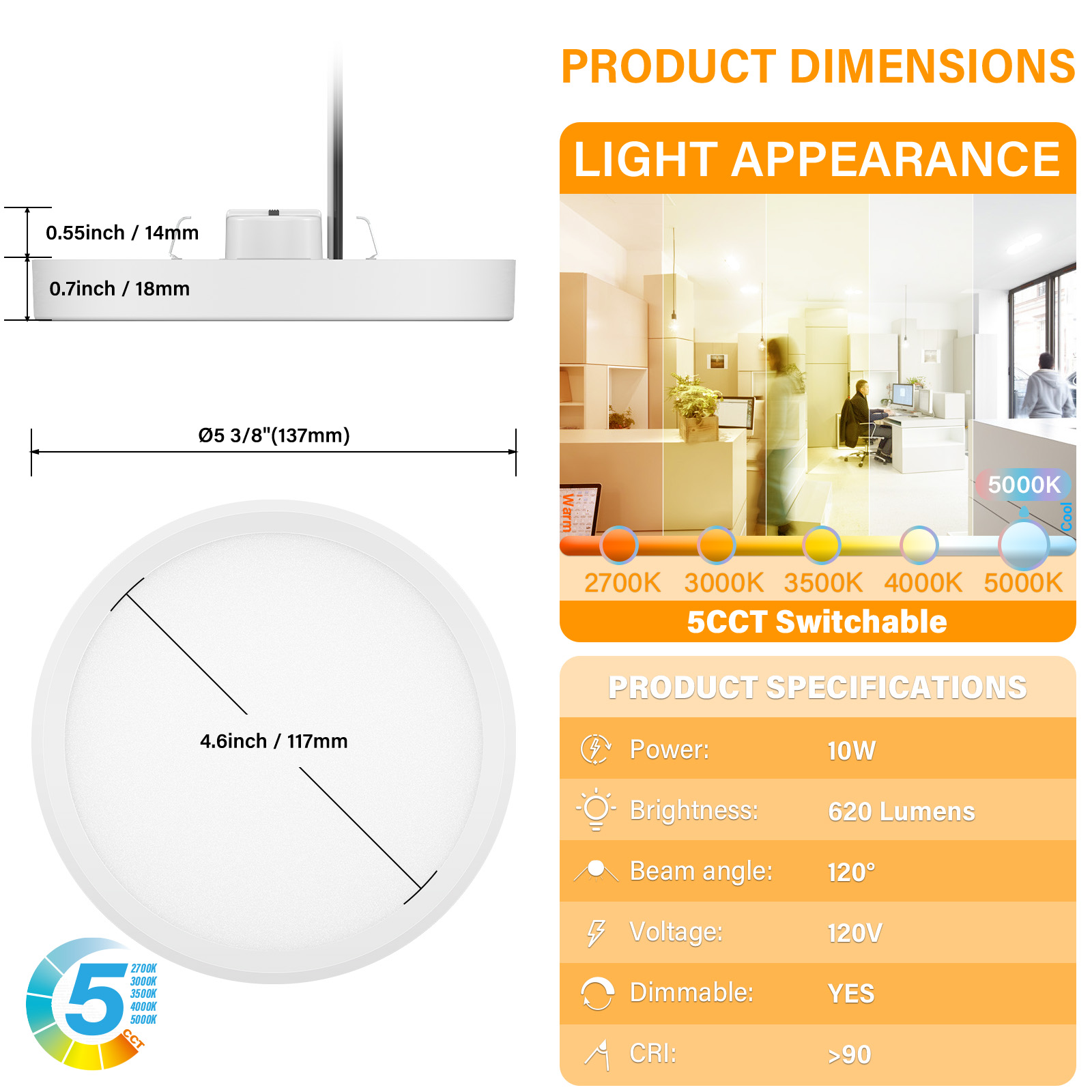 BLOSSOM 5 Inch Semi Flush Mount Ceiling Light 5CCT Selectable LED Edgelit Slim Surface Mount Flat Panel Light