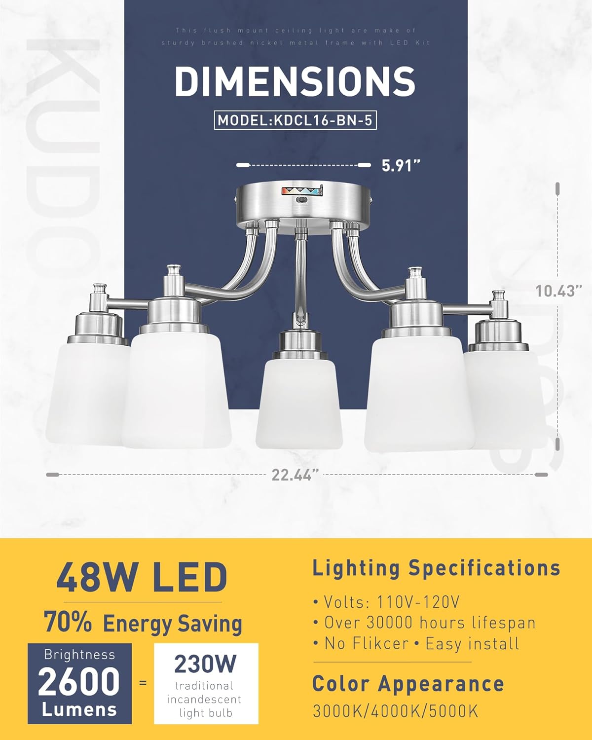 Indoor Simple Design 22 Inch Glass Cover Ceiling Light 3cct Dimming Metal 48w Modern Led Ceiling Lamps for Home Bedroom Kitchen
