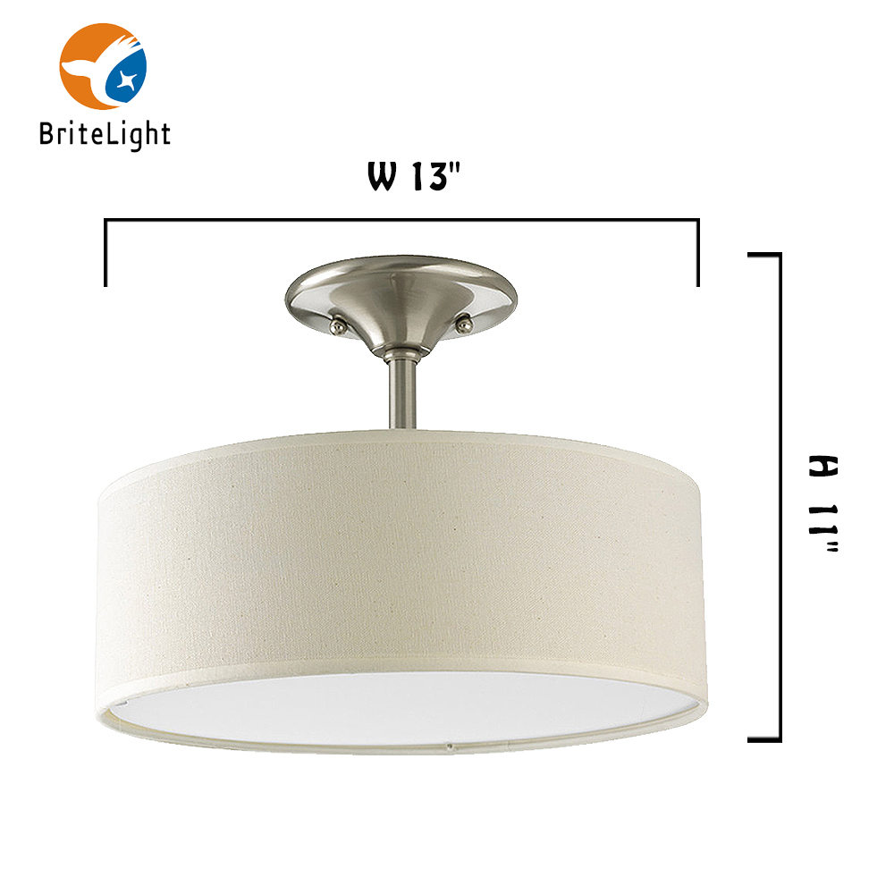 ETL Listed Modern Semi Flush Surface Mounted Cream Fabric Ceiling Pendant Round Shadelamp