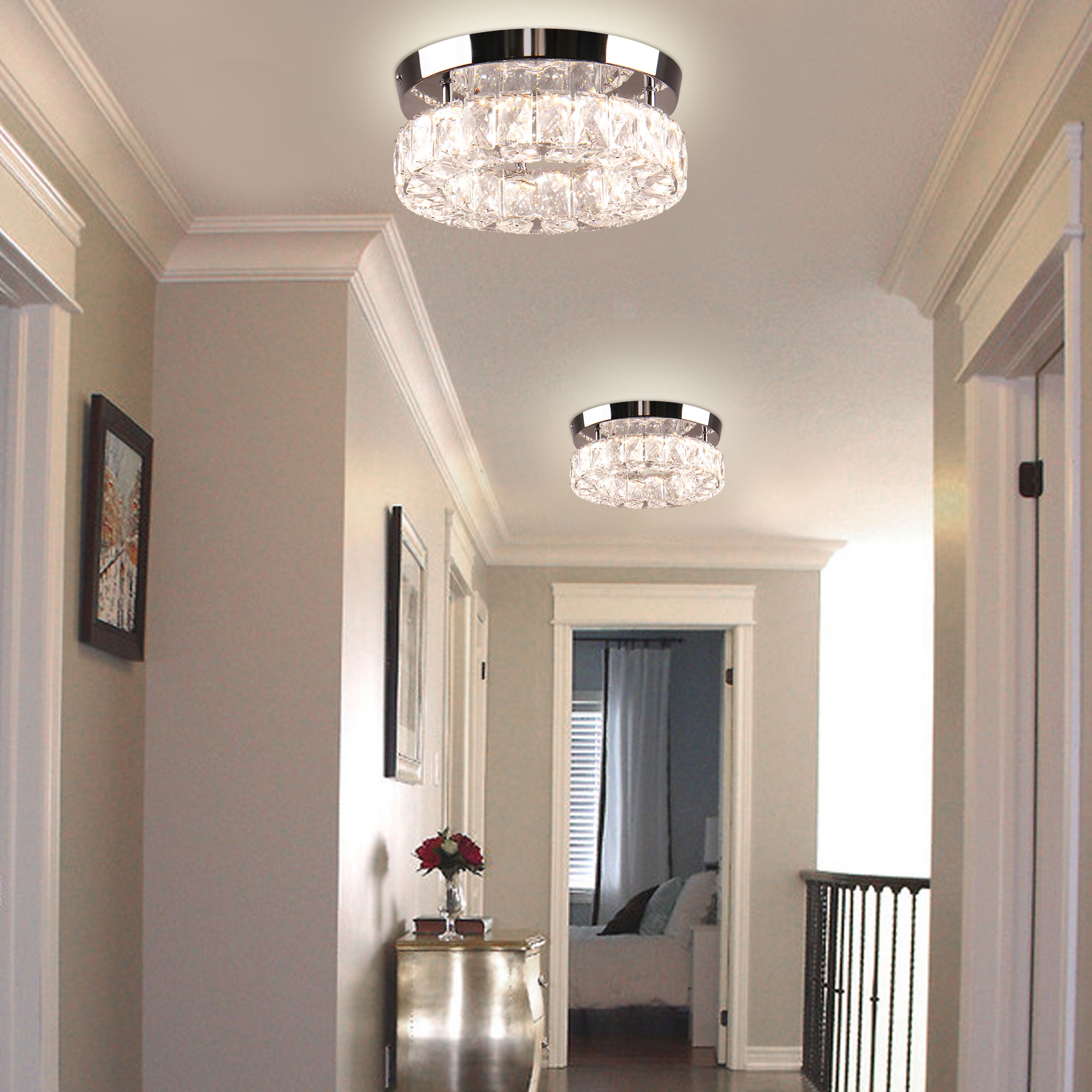 9.8" Dimmable Modern Crystal Chandeliers LED Ceiling Light with Remote Flush Mount Small Chandelier for Hallway Foyer Kitchen