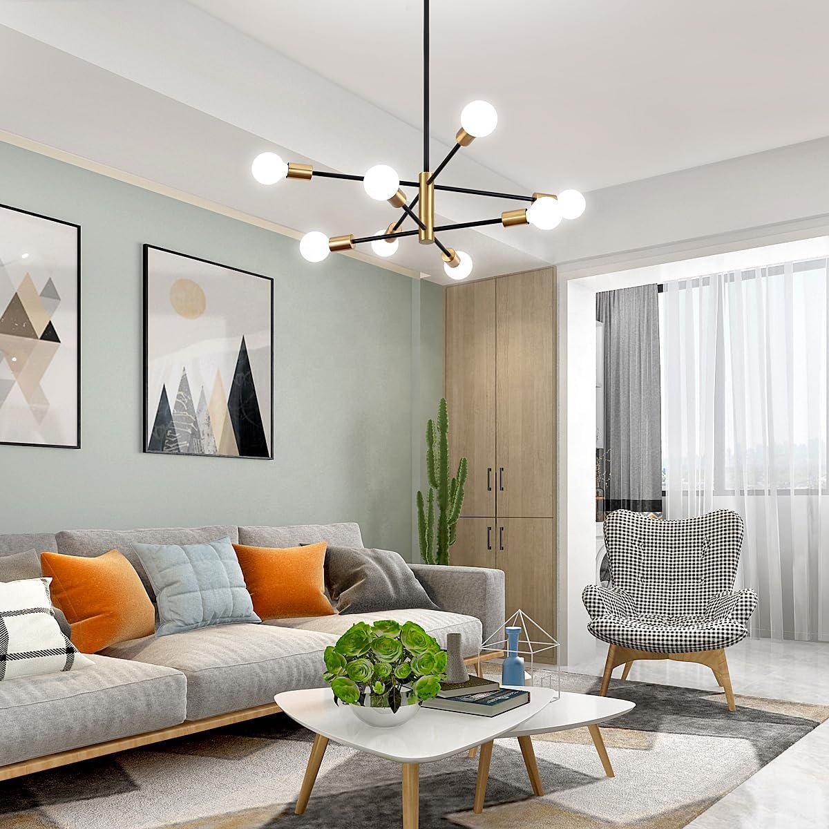 Holohatal Mid Century Modern Sputnik Gold &amp; Black, 8-Light Chandelier Semi Flush Mount Ceiling Light for Dining Room Study