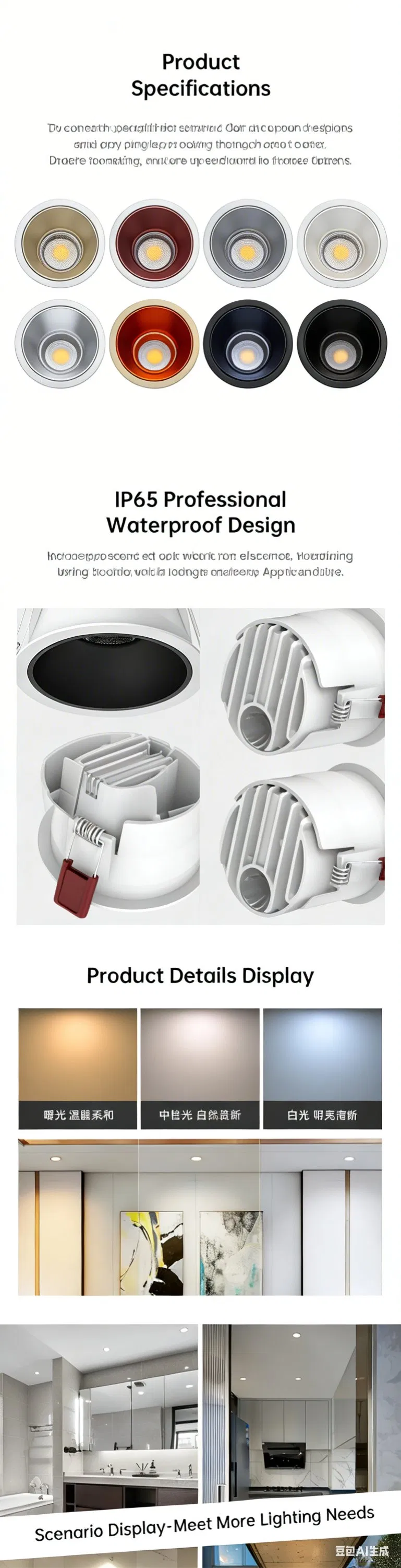 Household Commercial IP65 Waterproof LED Downlight, Dustproof Anti Glare Embedded Ceiling Lamp for Bathroom Kitchen Patio Balcony