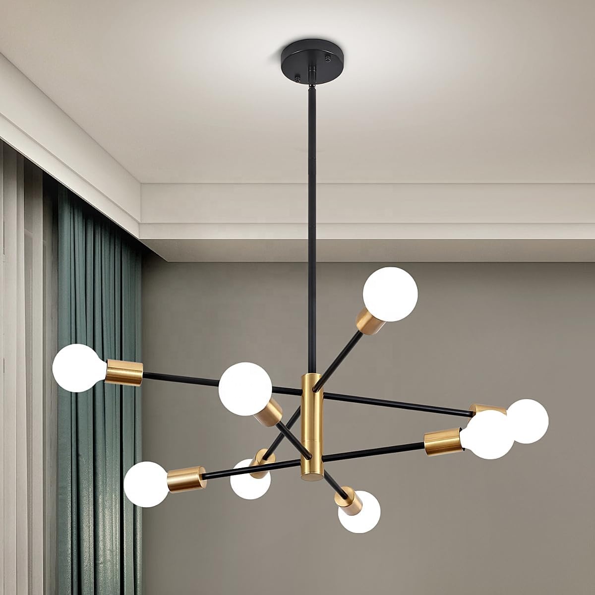 Holohatal Mid Century Modern Sputnik Gold &amp; Black, 8-Light Chandelier Semi Flush Mount Ceiling Light for Dining Room Study