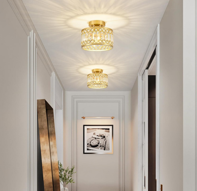 Crystal Ceiling Light Modern Round Semi Flush Mount Hallway Ceiling Lighting Fixture for Kitchen Entryway Bedroom