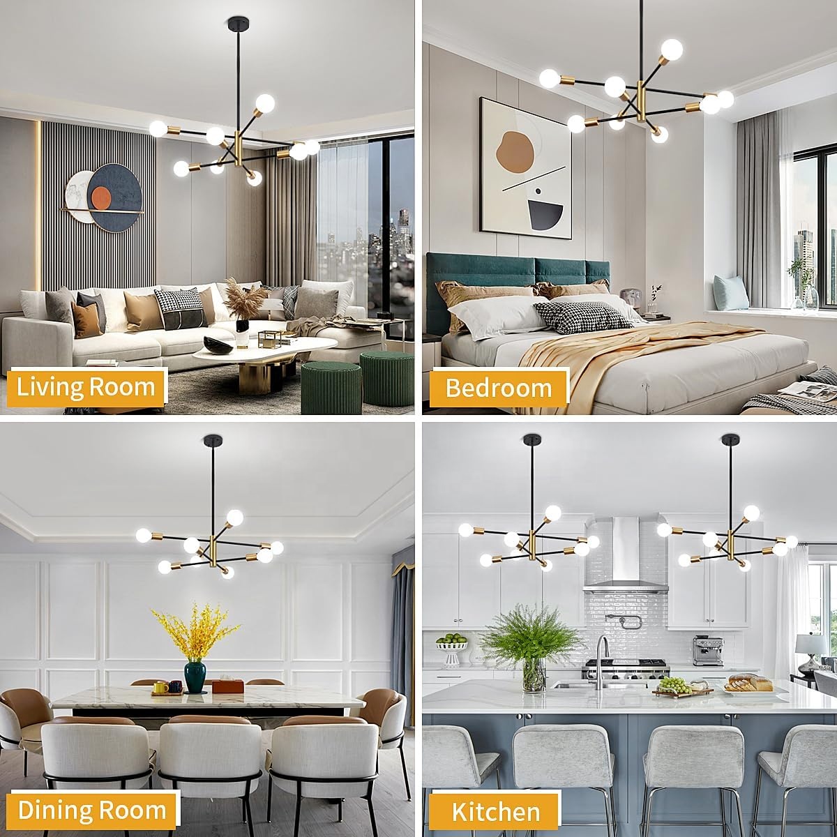Holohatal Mid Century Modern Sputnik Gold &amp; Black, 8-Light Chandelier Semi Flush Mount Ceiling Light for Dining Room Study