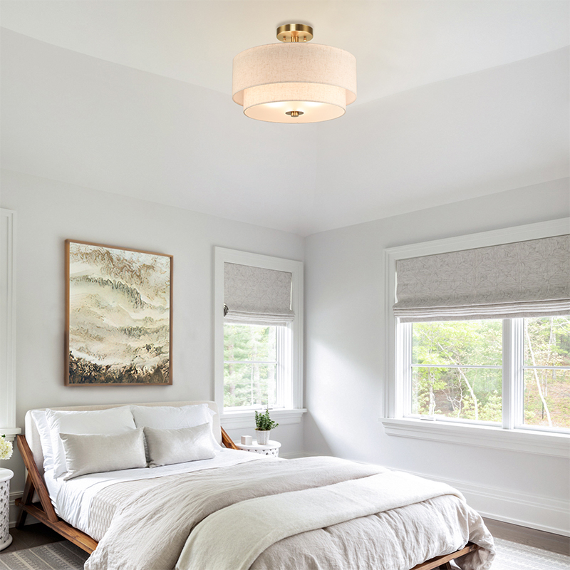 Indoor Dual Layer Fabric Lampshade Brass Semi Flush Mount Ceiling Light Hanging Modern Light Pendant Lamp for Living Room Home