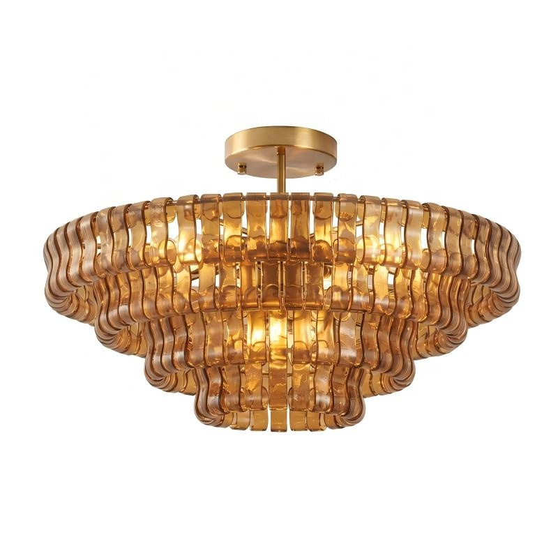 Mid-Century Semi Flush Mount Round Ceiling Lamp Hand-crafted Glass Chandelier Lighting for Dining Rooms and Lofty Residential