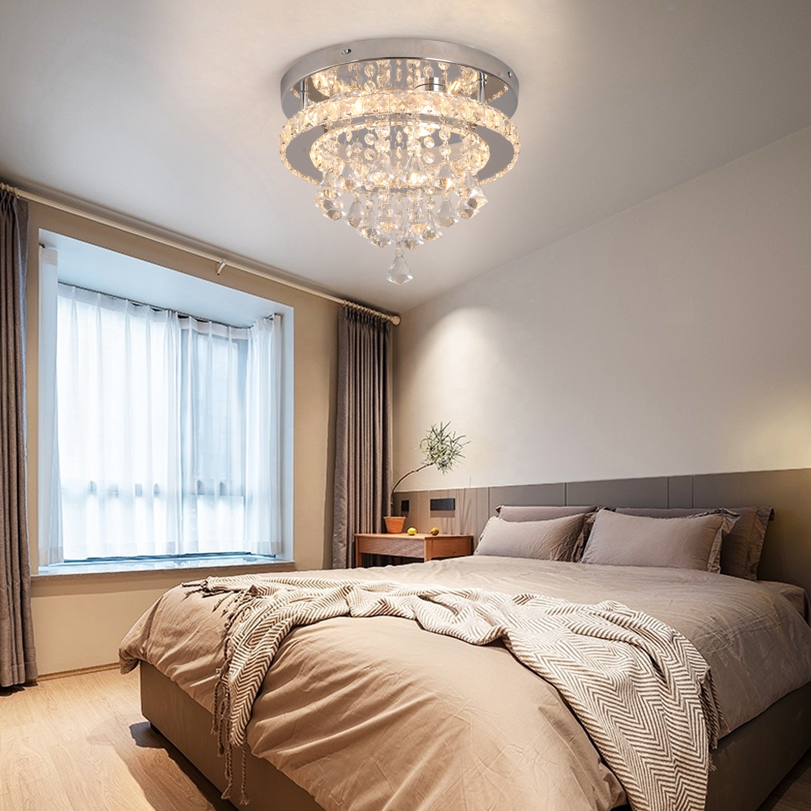 Custom Dangle Crystal Remote Control Smart Flush Mount Led Ceiling Home Lighting for Bedroom