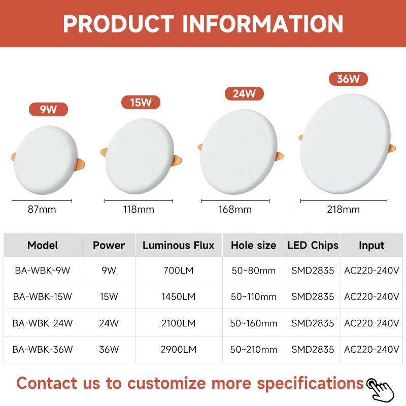 Anti Glare Design Mall Market Home Commercial Lighting Ultra Thin Round Frameless 9W 15W 24W 36W Ceiling Recessed LED Downlight
