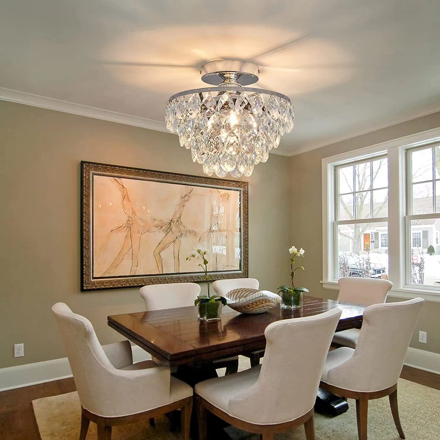 Modern Crystal Chandelier Semi Flush Mount Ceiling Light Fixture Silver Ceiling Lamp for Hallway Bedroom
