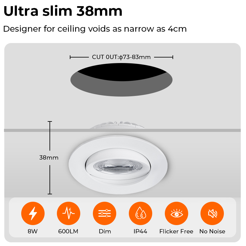 8W LED Dimmable Spotlight Modern 4 Inch 83MM Cut Out Downlight Aluminum IP44 Rating Recessed Ceiling Spot Light for Living Room