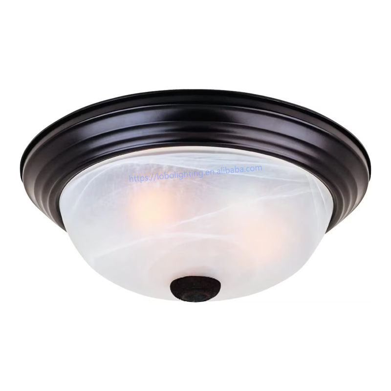Modern 2-Light Flush Mount Ceiling Light Fixture with Etched Glass Shade, Oil Rubbed Bronze