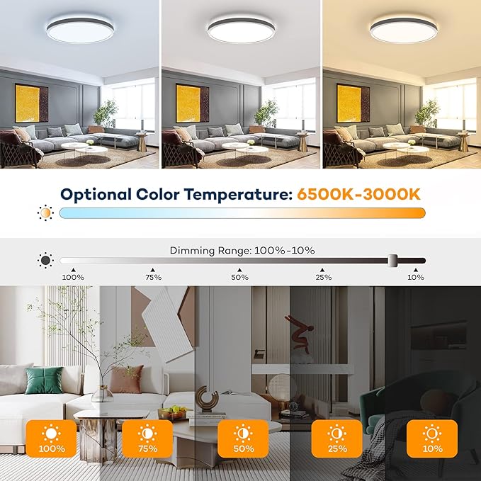 Modern Smart 15W LED Ceiling Light Fixture Ultra-Thin 3CCT Stepless Dimming with Remote Control for Home Office Lighting
