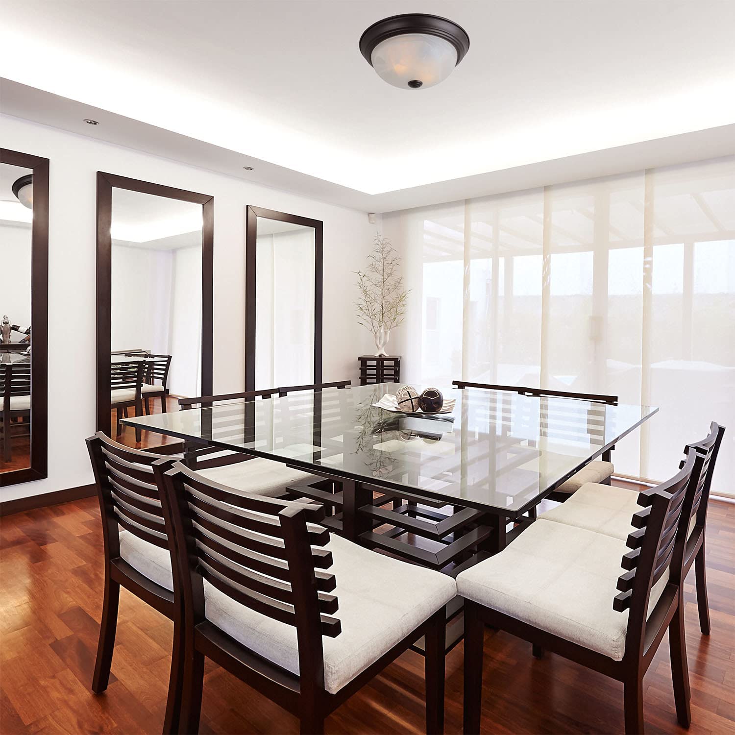 Modern 2-Light Flush Mount Ceiling Light Fixture with Etched Glass Shade, Oil Rubbed Bronze