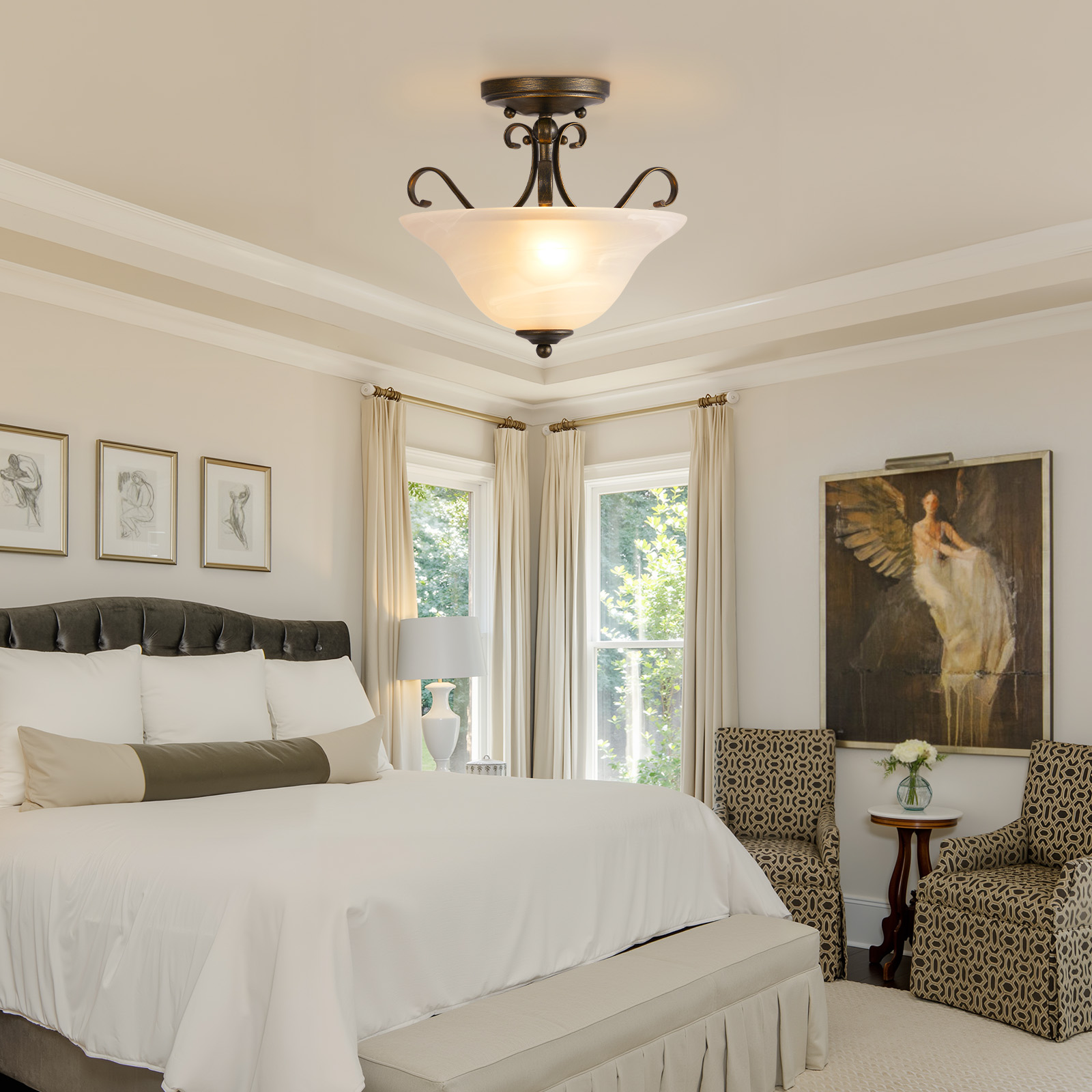 Modern Bedroom Dining Room Light Luxury Nordic Semi Flush Mount Indoor Ceiling Lamps Simple Pendant Lamp for Living Room