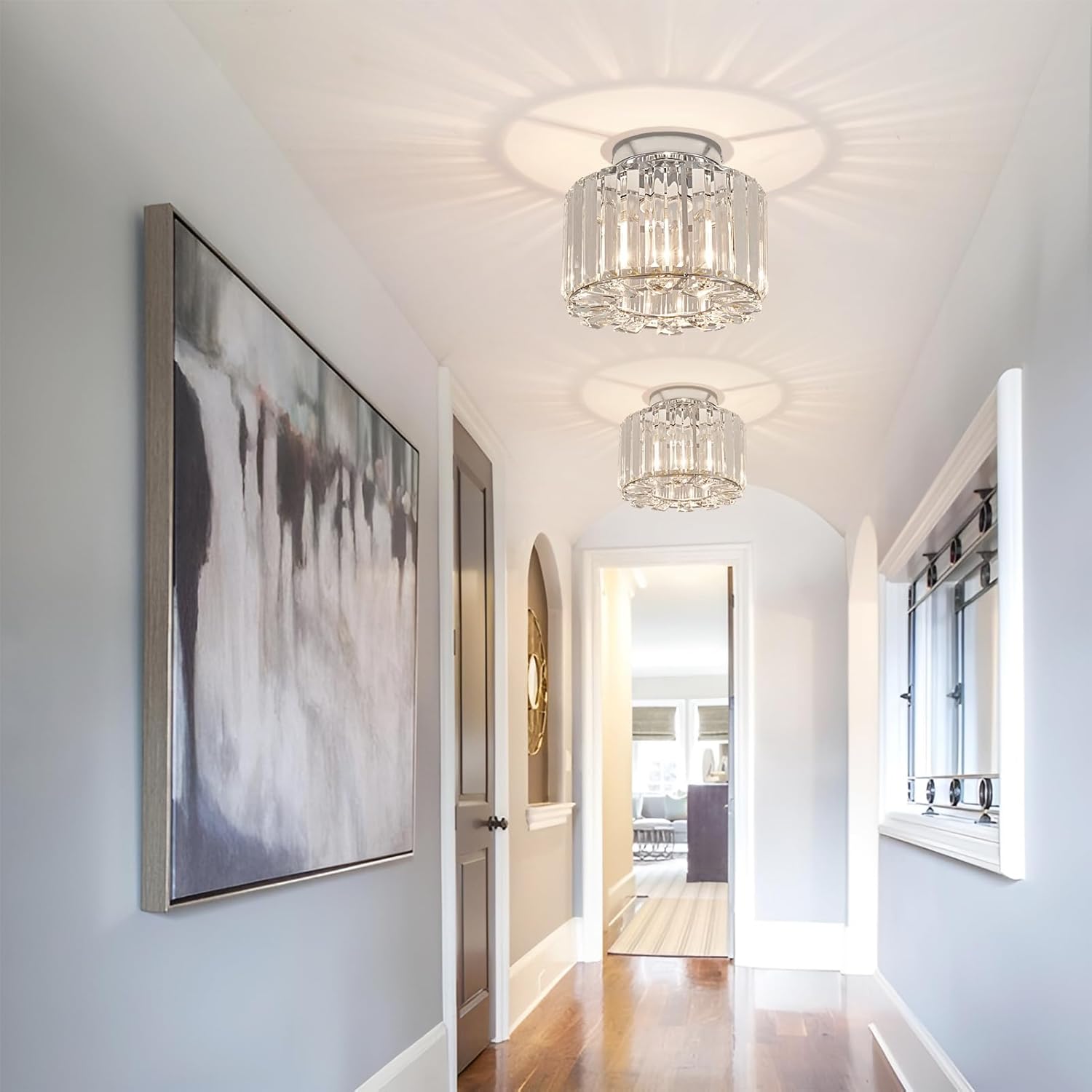 Modern Elegant Gold Crystal Chandelier Semi Flush Mount Ceiling Light for Hall Kitchen Bedroom Living Room Home-Middle Size Lamp