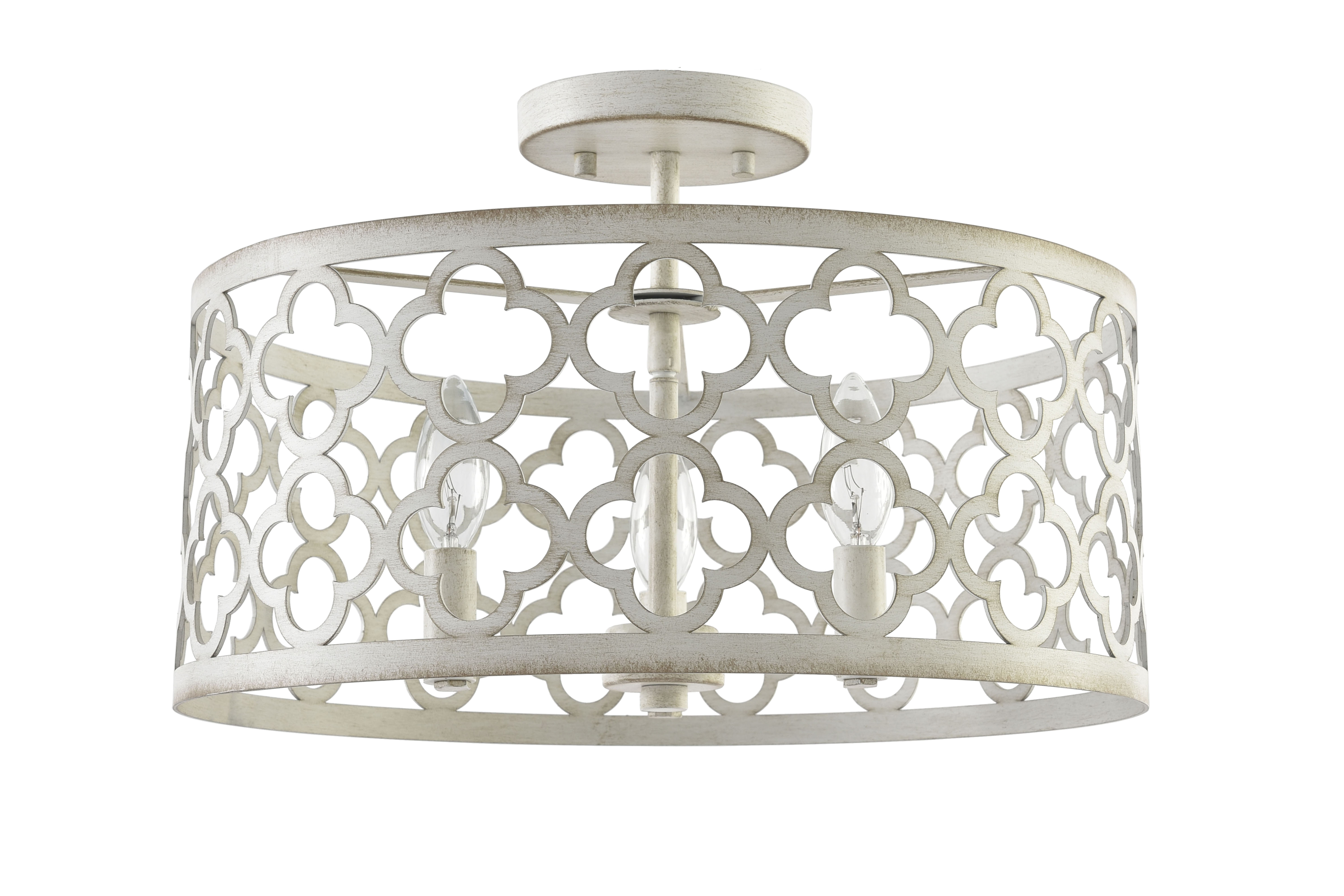 3-Light Middle Semi Flush Mount Ceiling Light Distressed White Metal Cage Fixture Modern Farmhouse for Living Room Hotel